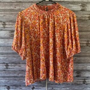 Knox Rose Women's Short-Sleeved Top Blouse Size XL Floral Smocking
